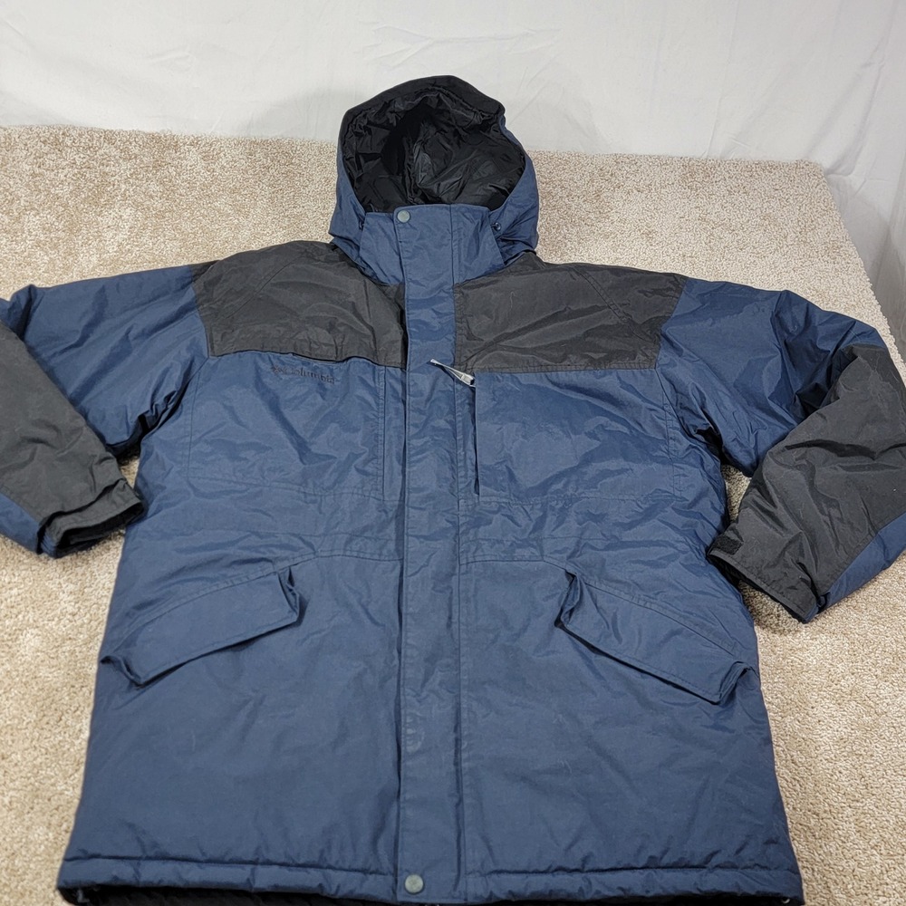 Columbia Mens Navy Blue Black Hooded Water Resistant Winter Parka Jacket Sz LG